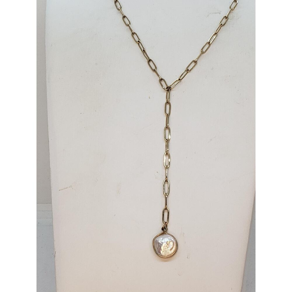 Gold Tone Paperclip Chain Y Drop Lariat Necklace White Real Coin Pearl Pendant - Picture 2 of 8